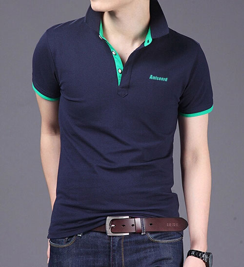 精棉萊卡高檔POLO衫定做，藏青色搭配薄荷綠款式圖