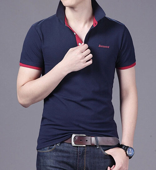 精棉萊卡高檔POLO衫定做，藏青色搭配暗紅色效果款式圖