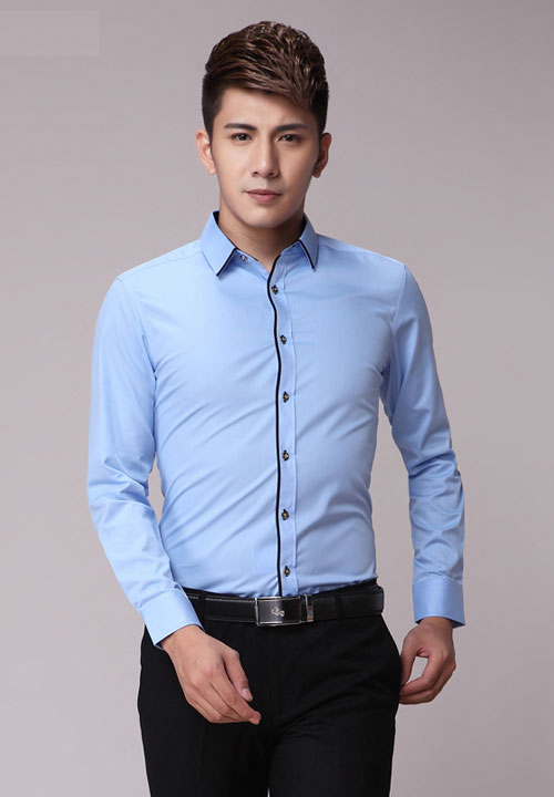 淺藍嵌黑邊款訂做職業裝男襯衫款式圖