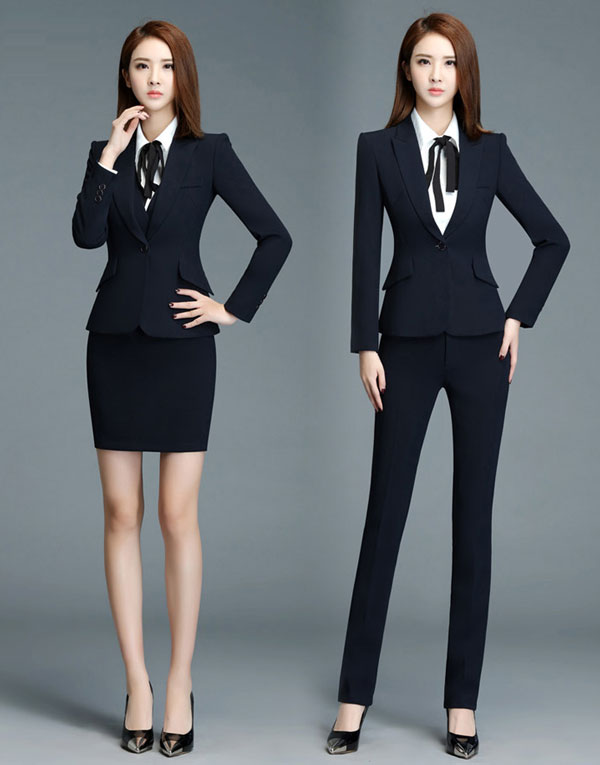 深藍色女職業套裝帶裙裝效果展示圖