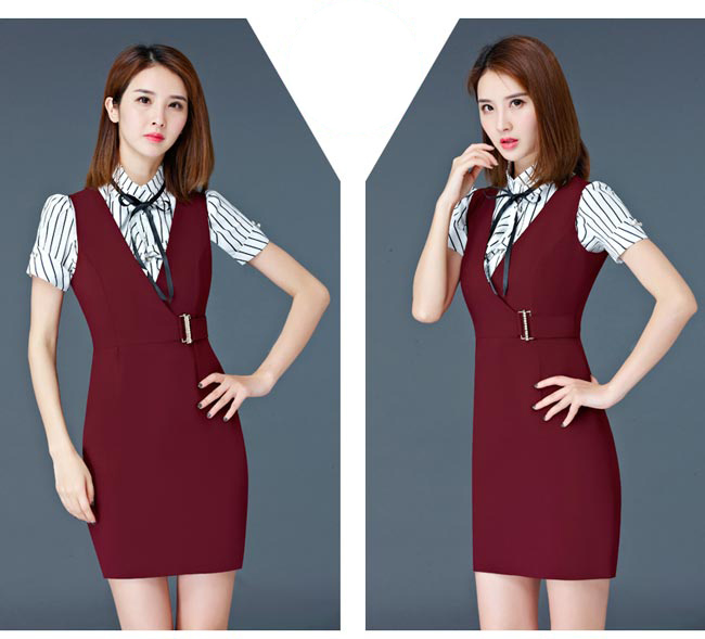 棗紅色商場(chǎng)專(zhuān)柜營(yíng)業(yè)員工作服款式模特展示圖二