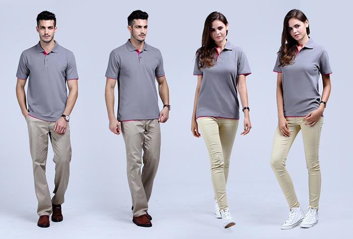 灰色雙下擺短袖翻領t恤衫款式前后效果展示圖