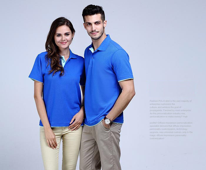 寶藍色雙下擺短袖翻領t恤衫款式展示圖