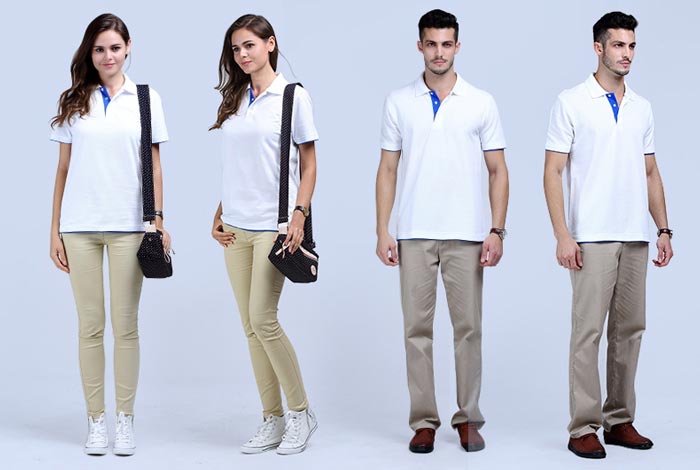 白色雙下擺短袖翻領t恤衫款式前后效果展示圖