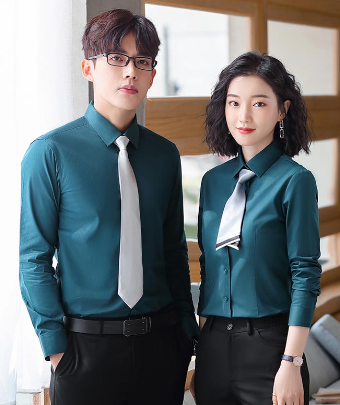 孔藍色款男女款職業襯衫定制批發模特效果展示圖