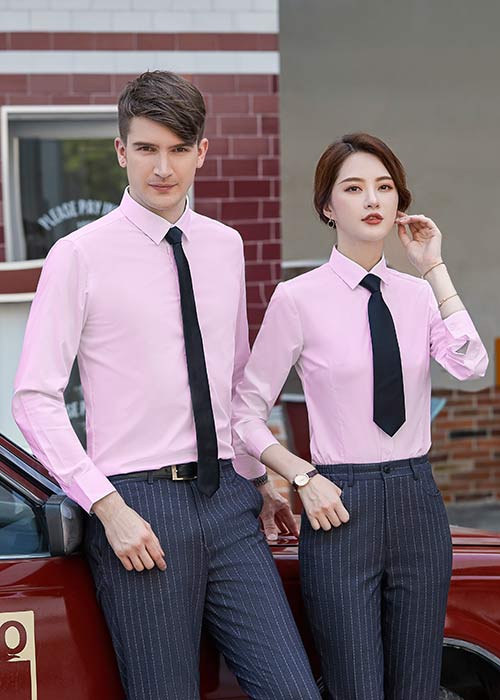 清爽粉色長袖職業襯衫定制