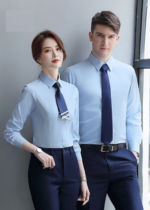 時尚藍色男女款職業長袖襯衫定做