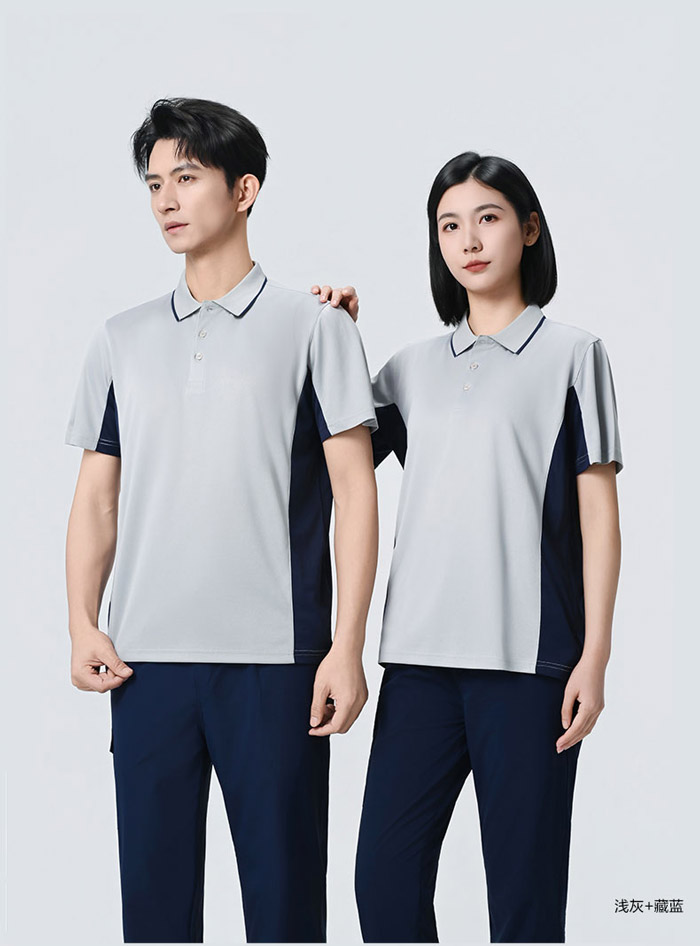灰色搭配黑色防靜電短袖POLO衫模特效果展示圖
