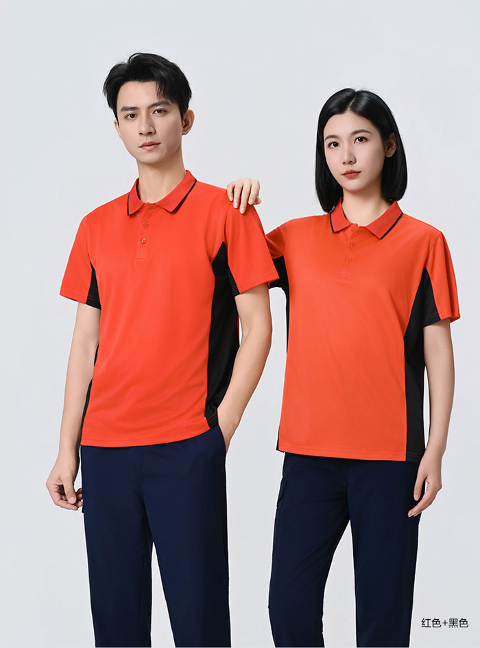 紅色搭配黑色防靜電短袖POLO衫模特效果展示圖