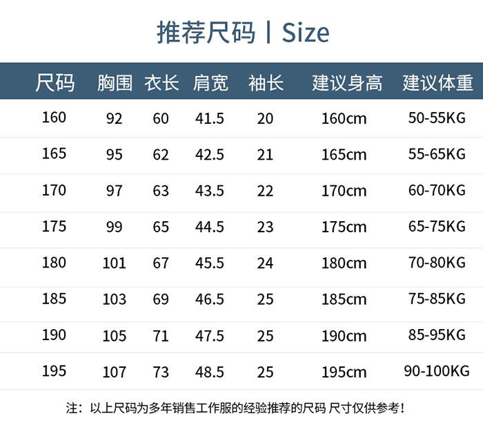 棉滌防靜電短袖翻領(lǐng)T恤衫定制的尺寸表