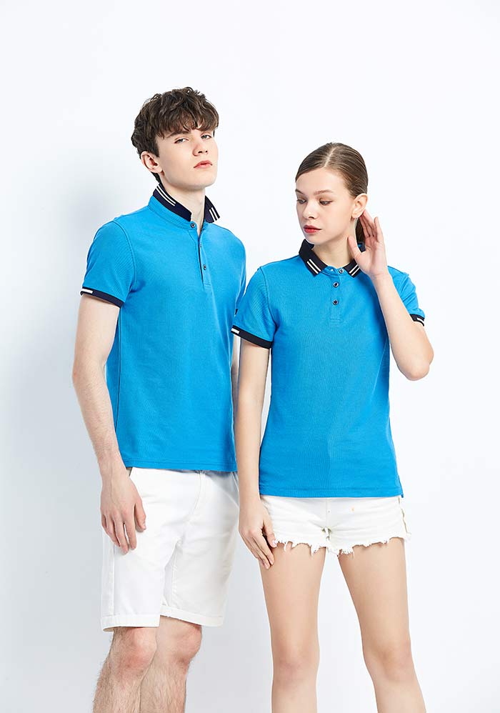 220克錦上添花翻領短袖T恤衫定做之孔藍色款式模特圖